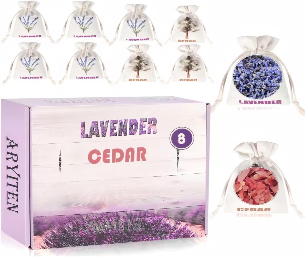 8 Pack Cedar Chips and Natural Dried Lavender Sachets Bags - Stop Clothes Damage, Cedar and Lavendar Home Fragrance Sachets for Drawers and Closets