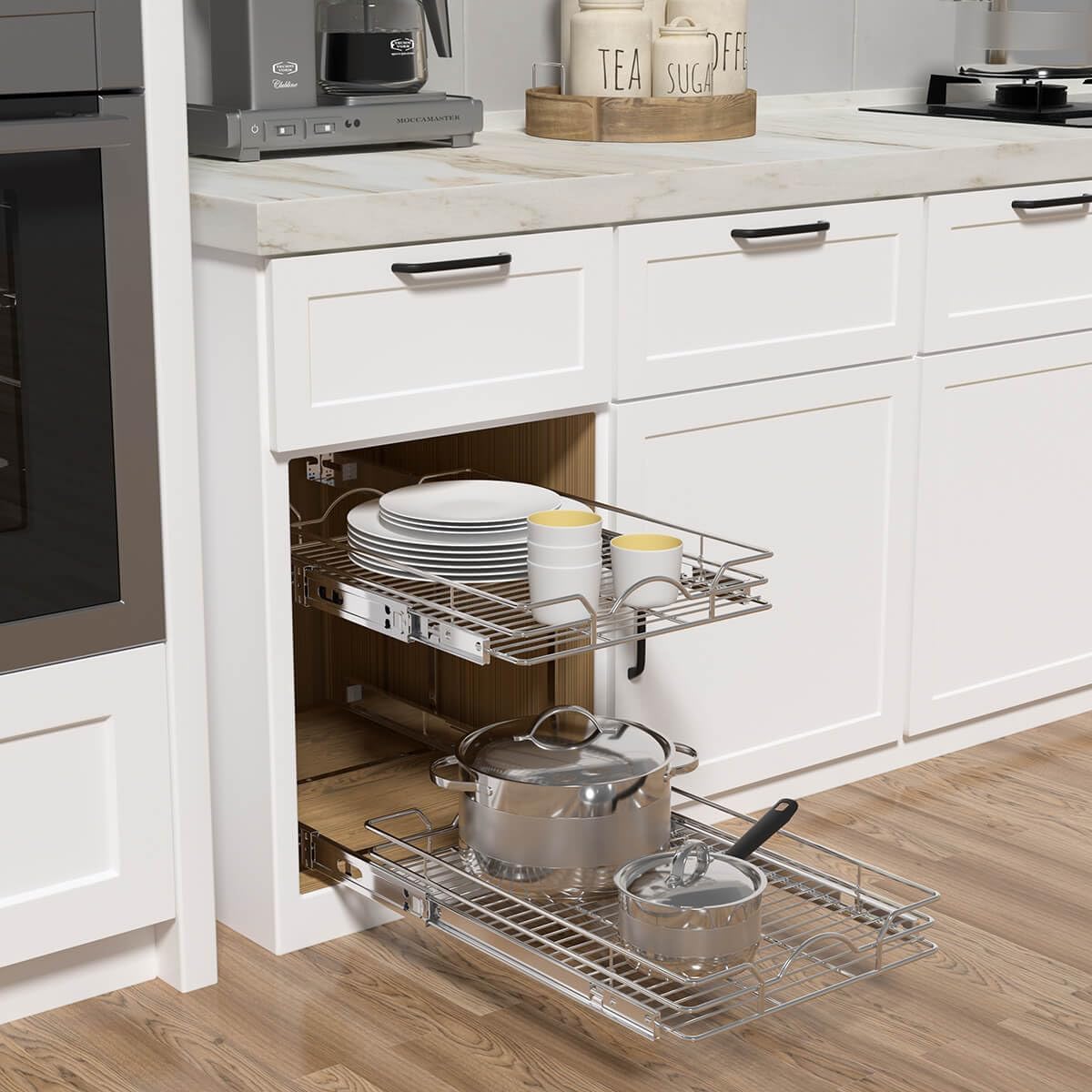 OCG 2 Tier Pull Out Cabinet Organizer (12.5" W x 21" D), Pull Out Drawers for Kitchen Cabinets, Pull Out Shelves for Base Cabinet Organization in Kitchen Bathroom Pantry, Chrome Finish