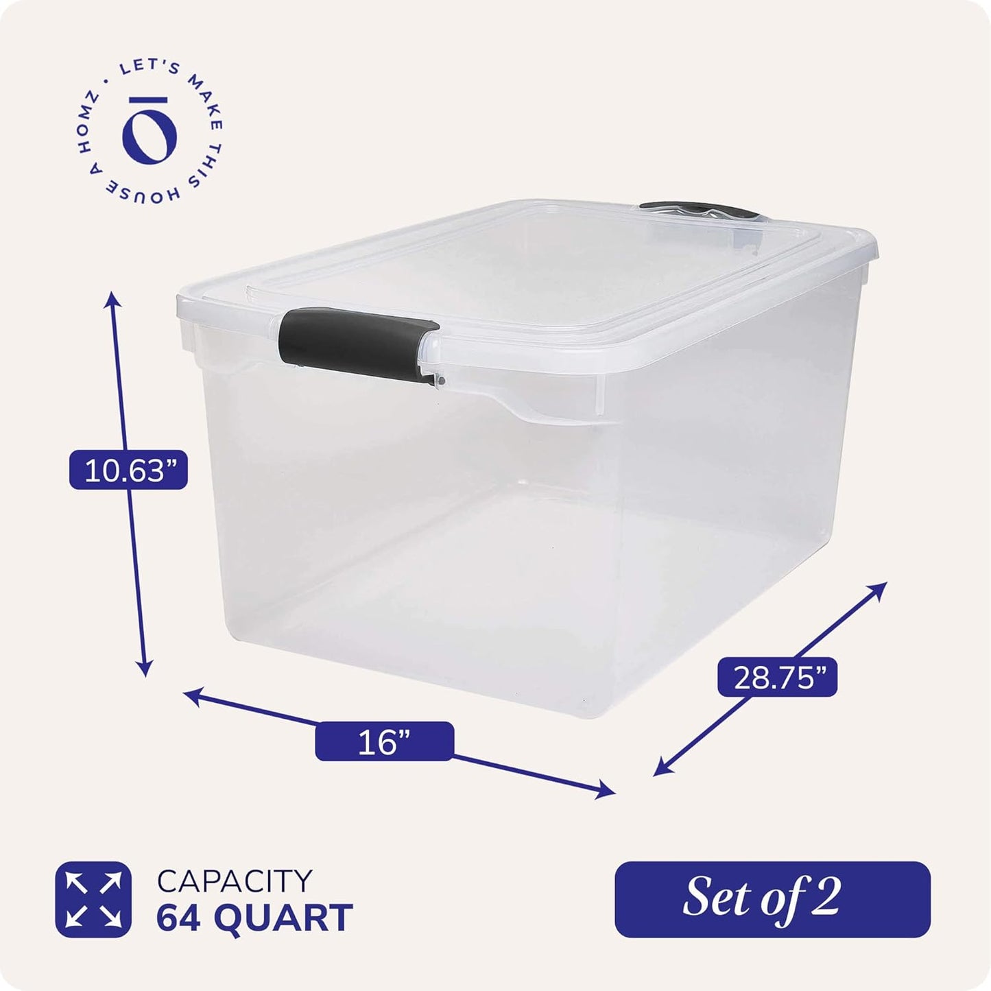 HOMZ 2-Pack Secure Latch, Clear Plastic Storage Organizer Bins, 64 Quart, Gray Latches - Stackable Container Boxes for Bedroom, Bathroom, Garage, and Office Organization