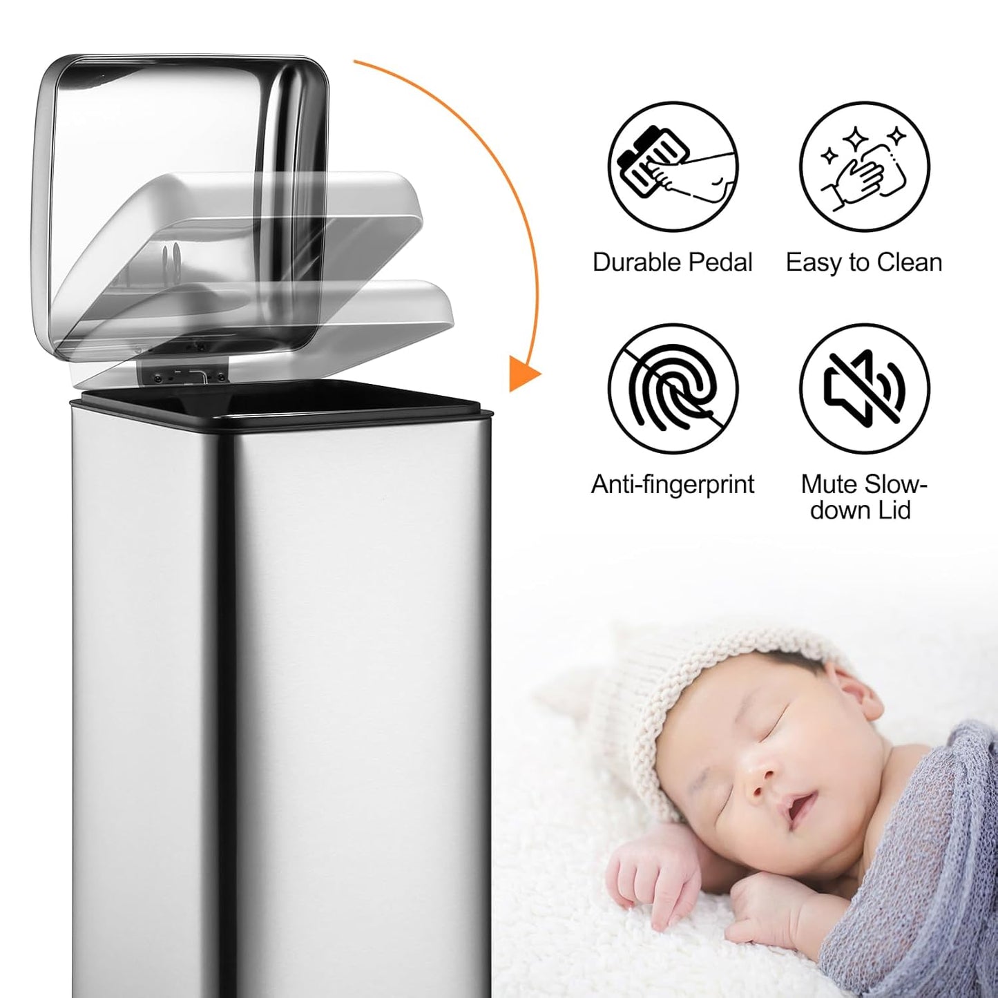 8 Gal/30L Slim Trash Can, Rectangular Step-On Stainless Steel Garbage Can, Soft-Close Lid, Anti-Fingerprint Surface, Recycling Bin with Removable Inner Basket, for Kitchen Dining Room, Silver