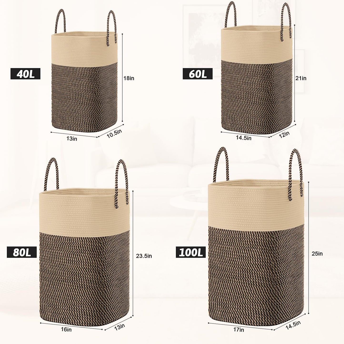 Laundry Basket,Woven Cotton Rope Laundry Hamper,Versatile Storage for Dirty Clothes,Baby Toys,and Blankets in Bathroom, Nursery,and Living Room (Jute, 60L)