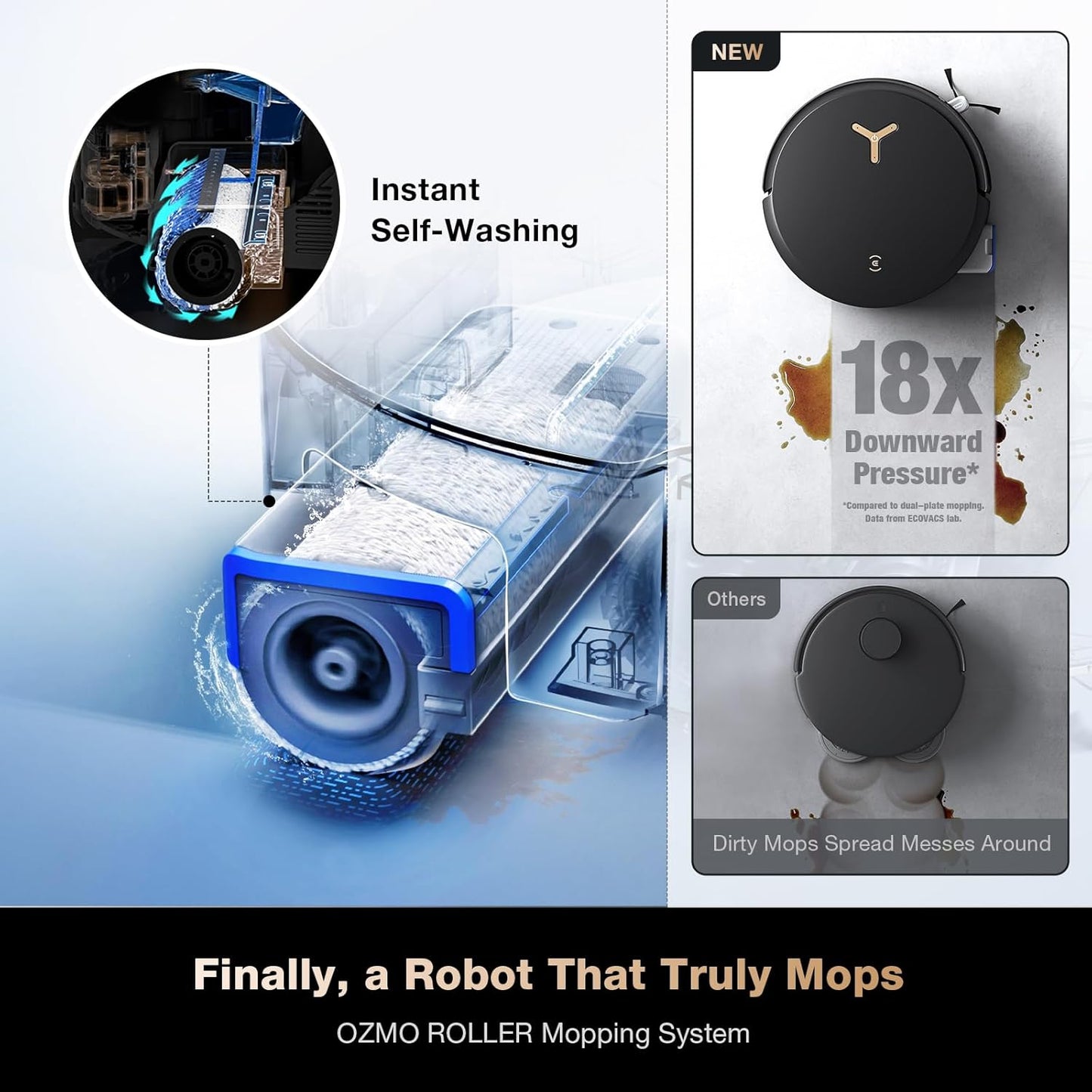 ECOVACS DEEBOT X8 PRO OMNI Robot Vacuum and Mop, 18000Pa, OZMO ROLLER Instant Self-Washing Mopping, 167℉ Hot Water Mop Washing, Auto Cleaning Solution Adding, Hot Air-Drying, Self-Emptying, Black