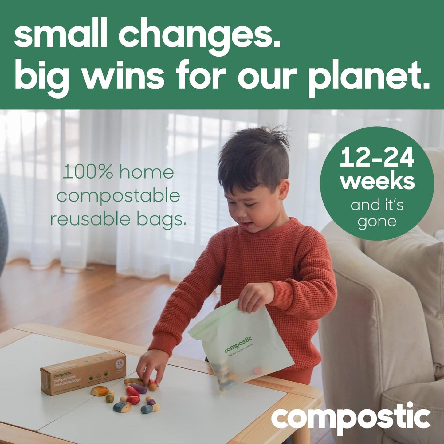 Compostic Home Compostable Resealable Gallon Bags (10.5"x10.5"), Microwave & Freezer Safe, Organic Food Storage Container, 30 Count (Pack of 2)