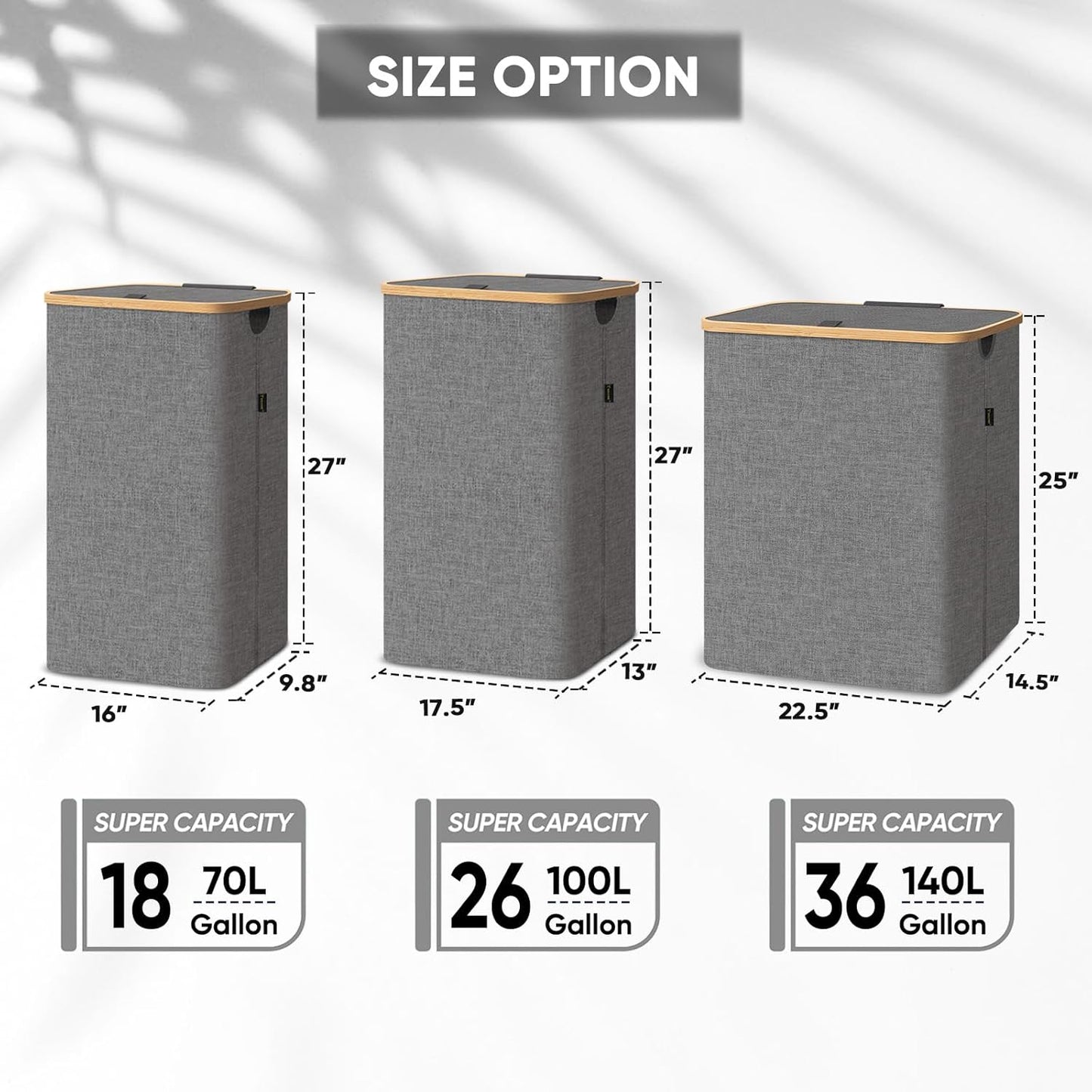 BALEINE Laundry Hamper with Lid, Tall Laundry Baskets with Bamboo Pull Handles, Large Laundry Bin with Internal Support (36 Gal/140L, Beige)