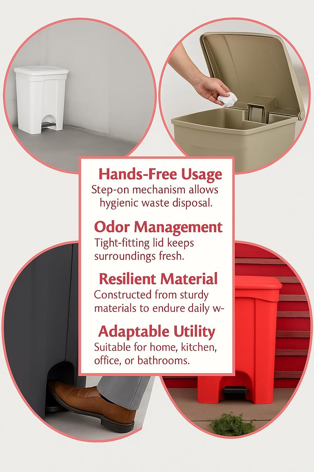 PRO&Family Step-On Trash Can with Lid, Plastic Waste Bin, Foot Pedal Operation (Red, 12 Gallon)