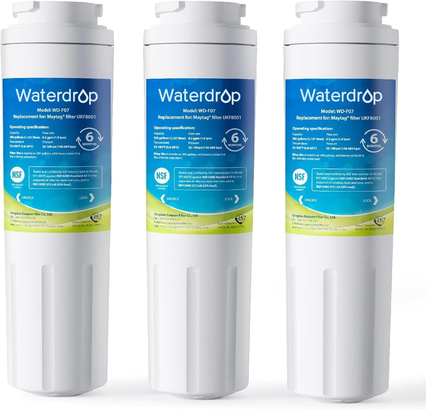Waterdrop EDR4RXD1 Replacement for EveryDrop® Filter 4, Whirlpool® UKF8001, 4396395, Maytag® UKF8001AXX-200, UKF8001AXX-750, WD-F07, Refrigerator Water Filter, 3 Filters (Package May Vary)
