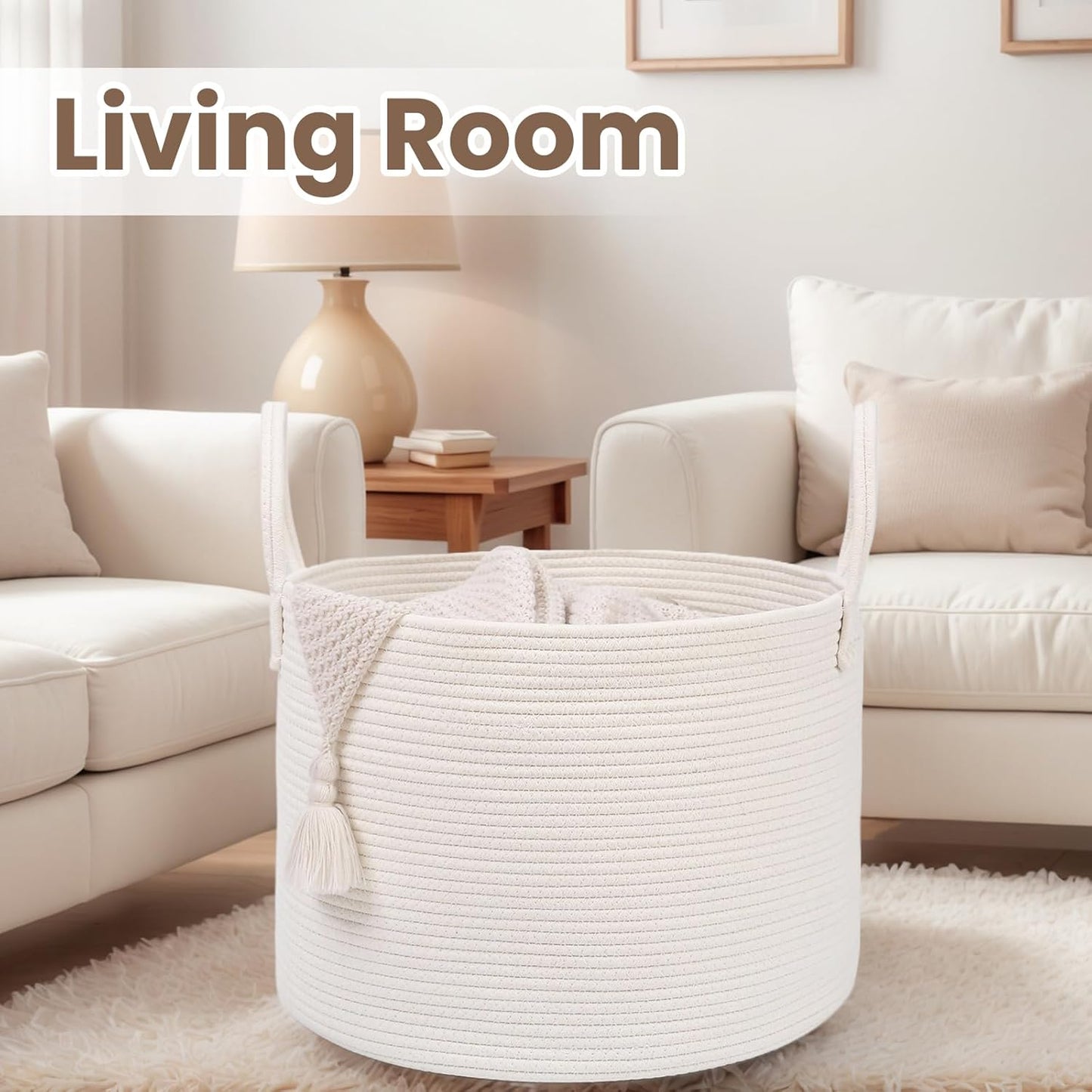 Woven Blanket Basket,115L Large Rope Storage Bin with Handles, Organizer for Blankets Toys Book and Clothes, Laundry Basket for Living Room Bedroom Nursery,White