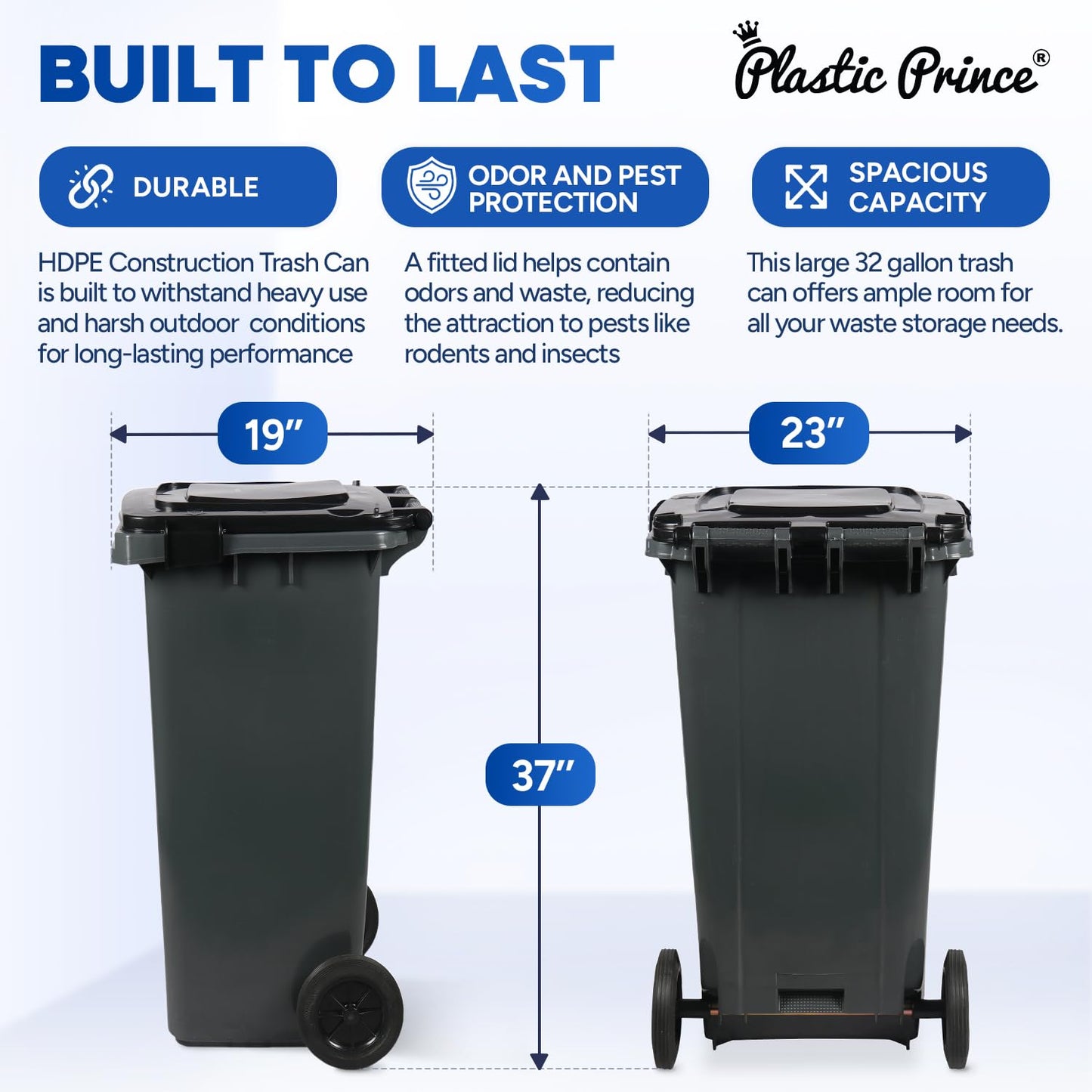 32 Gallon Trash Can with Wheels Outdoor Trash Can with Lid and Wheels Lockable Garbage Can Commercial Heavy-Duty Trash Bin Rolling, Plastic Gray
