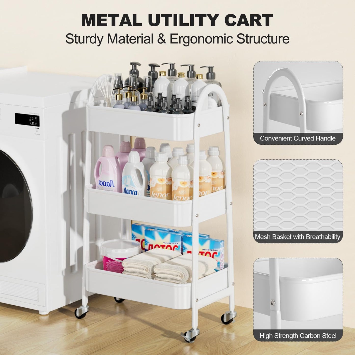 EAGMAK 3 Tier Rolling Cart Under Desk, Large Metal Storage Cart with Handle and Lockable Wheels, Big Multifunctional Storage Organizer Trolley for Kitchen, Living Room, Office, Garage (White)