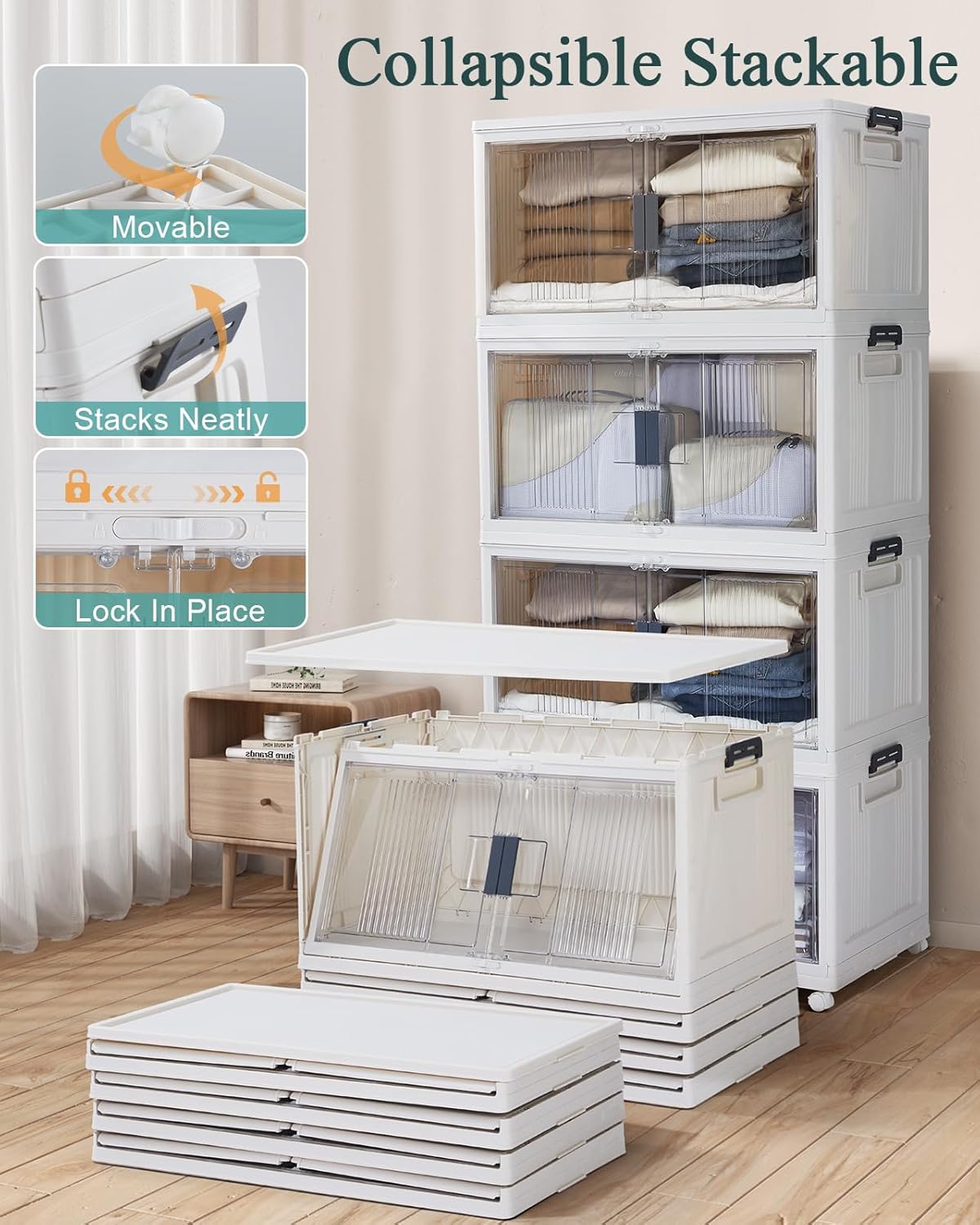 OlarHike 97QT Stackable Storage Bins with Lids - Folding Storage Box with Doors and Wheels, Collapsible Plastic Storage Drawers for Closets, 4 Pack Cubes