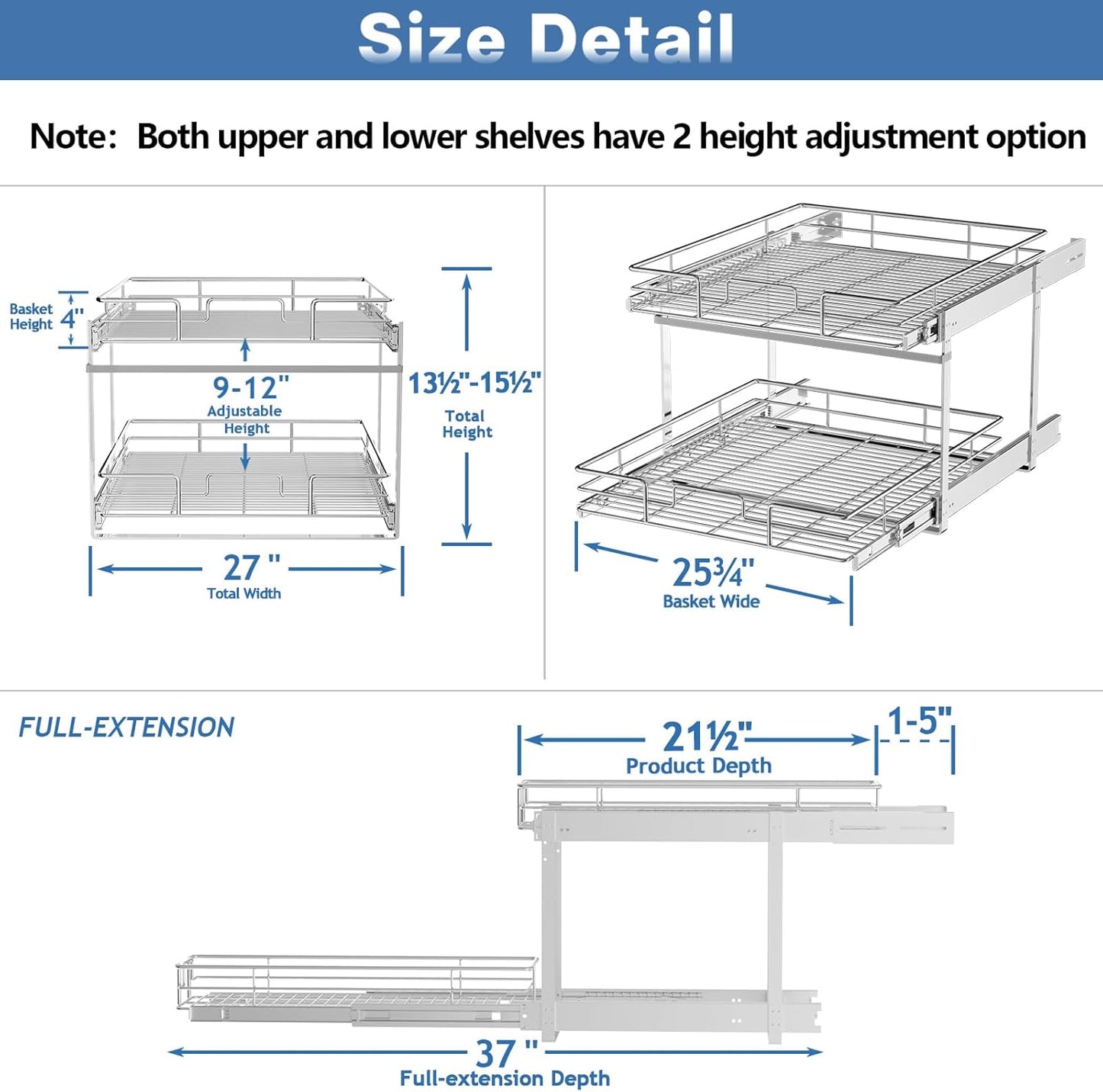 LOVMOR 2 Tier Individual Pull Out Cabinet Organizer 27" W x 21½" D, Slide Out Kitchen Cabinet Storage Sliding Shelves