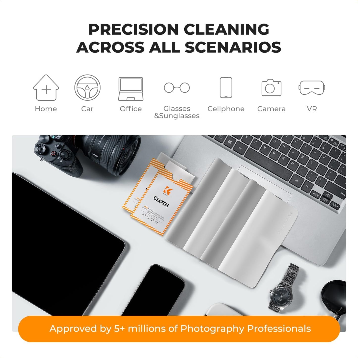 K&F CONCEPT 2 Pack Lens Cleaning Cloth | Microfiber Cleaning Cloth | Glasses Cleaning Cloths | Eyeglass Lens Cleaner | Eyeglasses, Camera Lens, VR/AR Headset, and Screen Cleaning | White & Grey
