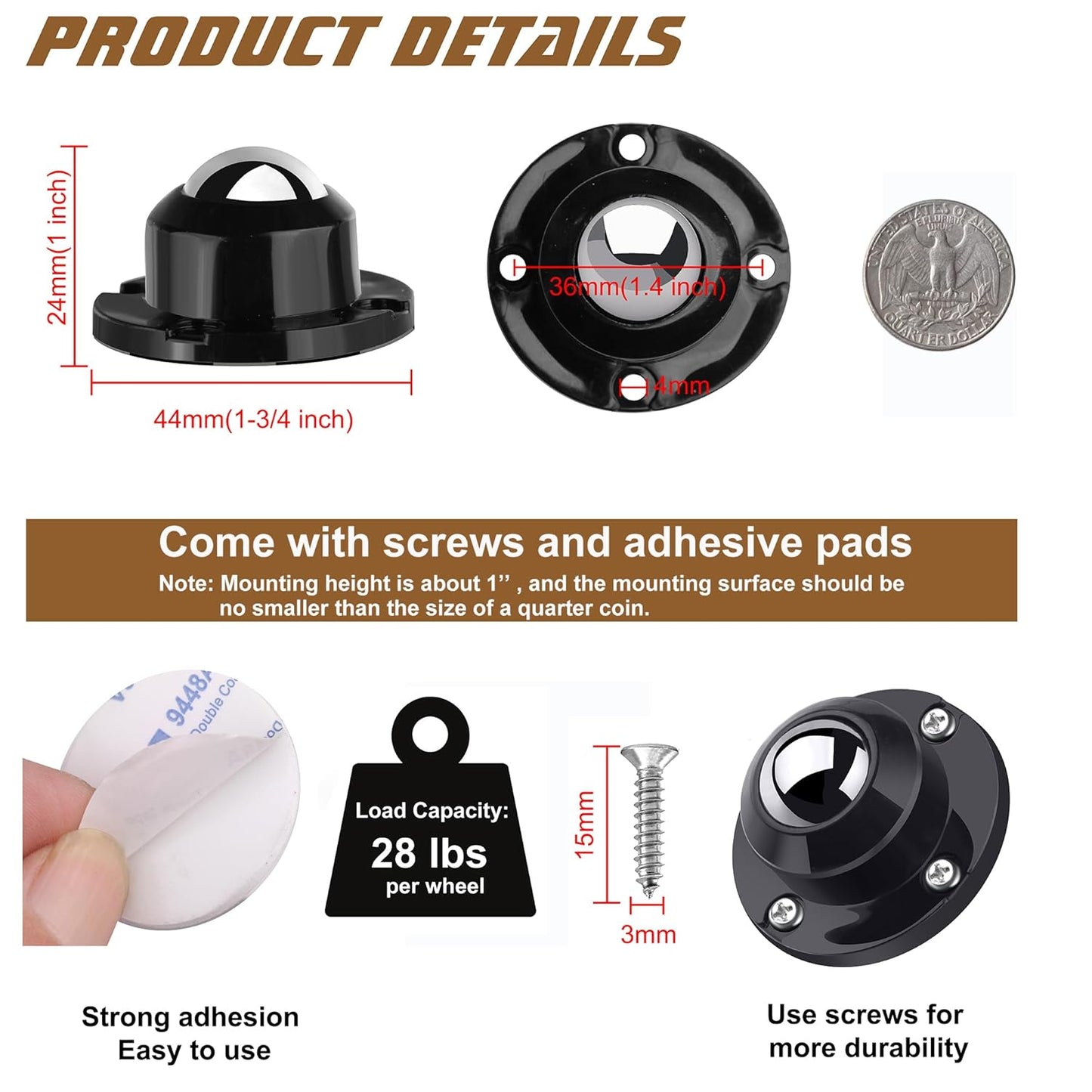 PlusRoc 16 Pack 1 Inch Self Adhesive Caster Wheels for Furniture Mop Bucket, Load Capacity 28 LBS Per Wheel, Low Profile Swivel Wheels for Small Appliance Storage Bins