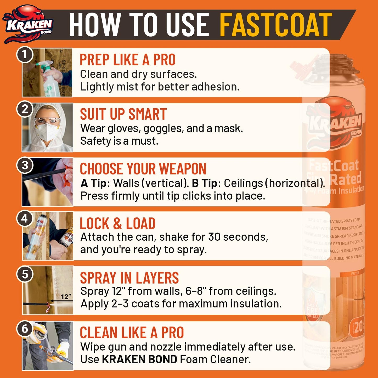 Kraken Bond Fastcoat Fire Rated Spray Foam Insulation Closed Cell in a Can 480 sq ft (24x27.1 oz.) (R-Value 11.32 / 2in) - Spray Foam for Garage Door, Attic, Wall Gun & Cleaner Included, 24 Pack