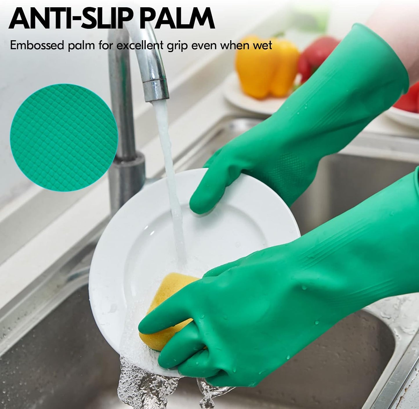 Vgo... 1-Pair Reusable Household Gloves, Rubber Dishwashing gloves, Extra Thickness, Long Sleeves, Kitchen Cleaning, Working, Painting, Gardening, Pet Care (Size S, Green, HH4601)