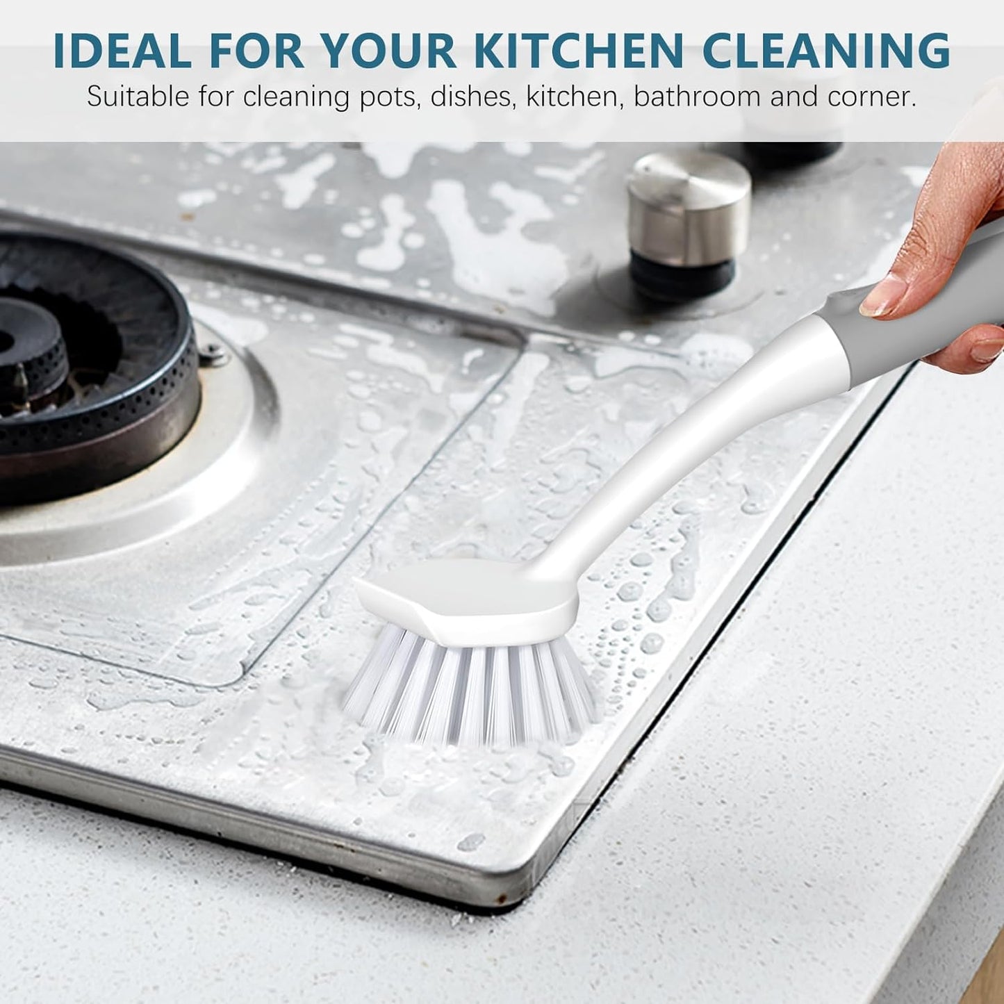 SetSail Dish Brush Set of 3 Piece, Dish Scrub Brush with Long Handle Deep Cleaning Brush with Scraper Tip for Kitchen Dishes Bottle Cup Pot Pan, Grey