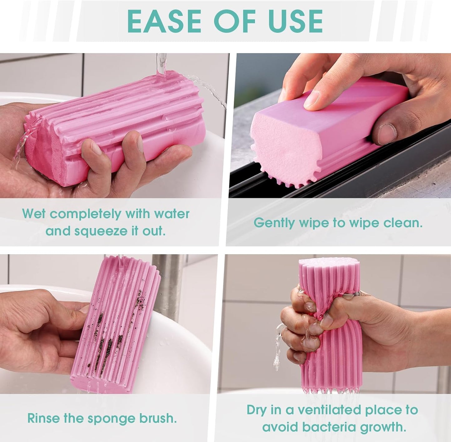 4 Pack Damp Dusting Sponge Duster, Dust Cleaning Sponge, Reusable Household Cleaning Sponge Tool for Blinds, floorboards, Fan Blades, Vents, Glass, Railings, Mirrors(Pink,Green,Yellow,Blue)