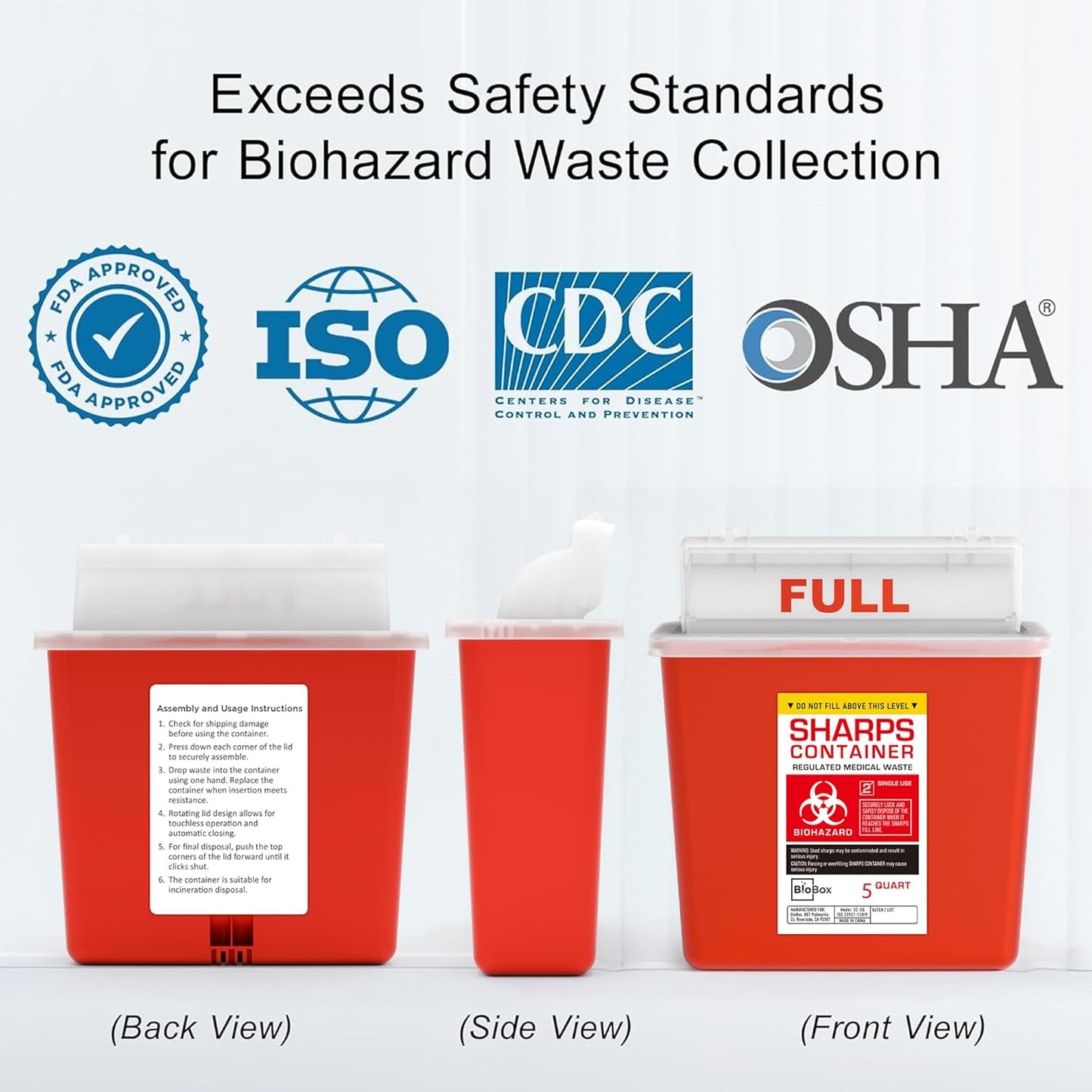 Sharps Container Large - Sharps Containers for Home Use and Labs - Portable Needle Disposal and Travel Size Biohazard Bin - 5 Quart Plus (Pack of 2)