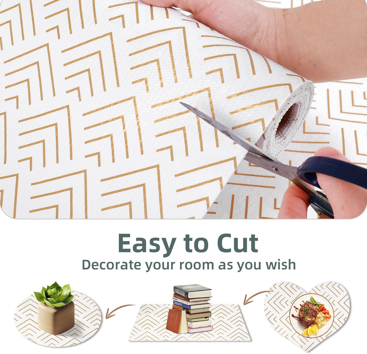 Shelf Liner for Kitchen Cabinets 11.8 x 236.2IN Non Adhesive Drawer Liner Non-Slip Thickened Shelf Liner Paper Strong Easy to Clean for Tool Box Refrigerator with Knife and Tape Measure, Gold Arrow