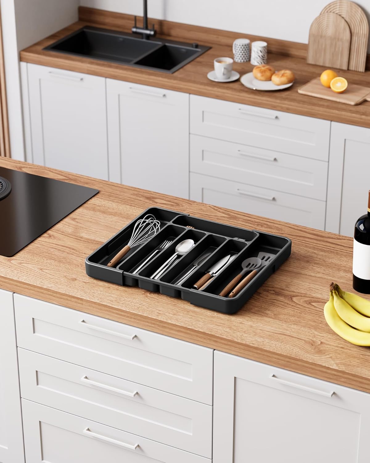 Kitsure Cutlery Drawer Organiser for Kitchen - Adjustable Cutlery Tray for Effortless Utensil Sorting, Versatile Kitchen Storage & Organisation Solution, 12.13" x 1.54" x 8.07"~13.90", Black