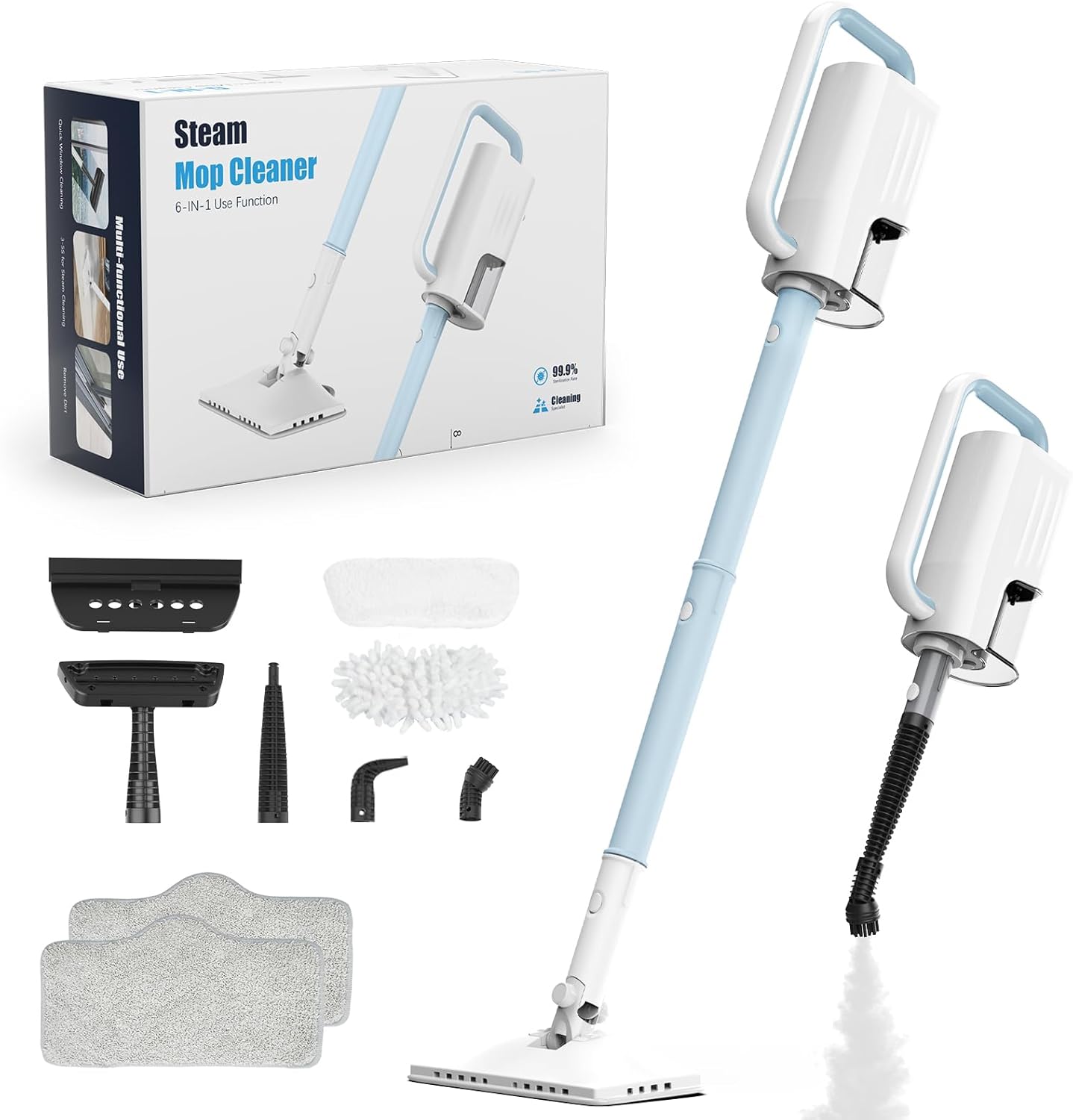 Steam Cleaner, 6 in1 Rotated Steam Mop Cleaner with 2 Modes, 2 Microfiber Pads, 400ML Removable Tank, 23FT Power Cable, Detachable Steam Mops for Floor, Laminate Floor, Tiles Cleaning (Light Blue)