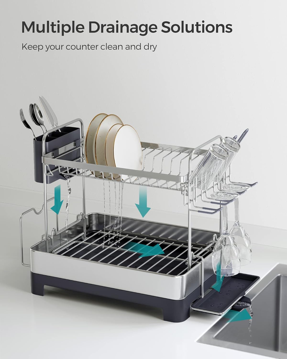 SONGMICS Dish Drying Rack - 2 Tier Dish Rack for Kitchen Counter with Rotatable and Extendable Drain Spout, Dish Drainer with Utensil, Cup, Glass, Cutting Board Holders, Silver and Gray UKCS032E01