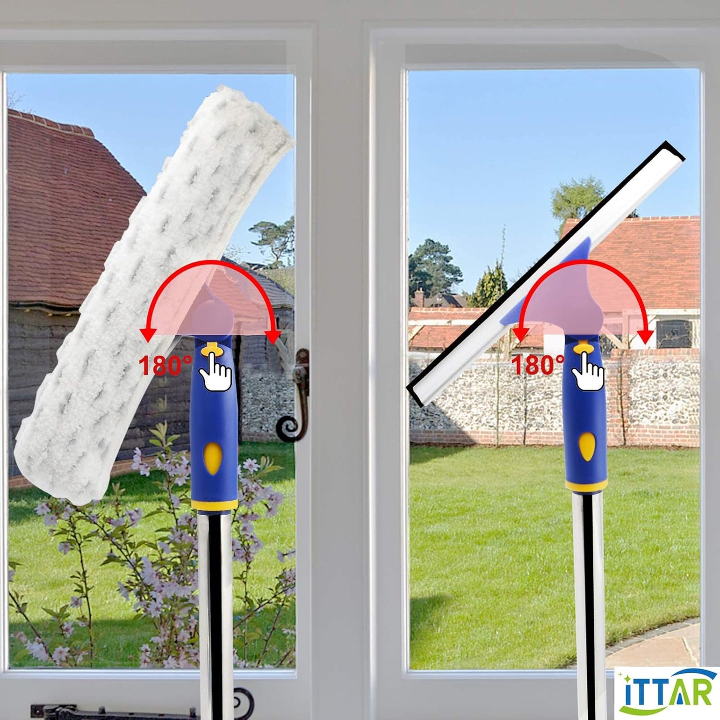 ‌ITTAR Window Squeegee Cleaner Kit, 5Ft Extendable Stainless Steel Pole with Rotatable Rubber Squeegee & 2 Microfiber Scrubber Pads, Professional Window Cleaning Tool for Home, Shower, Car, Windshield