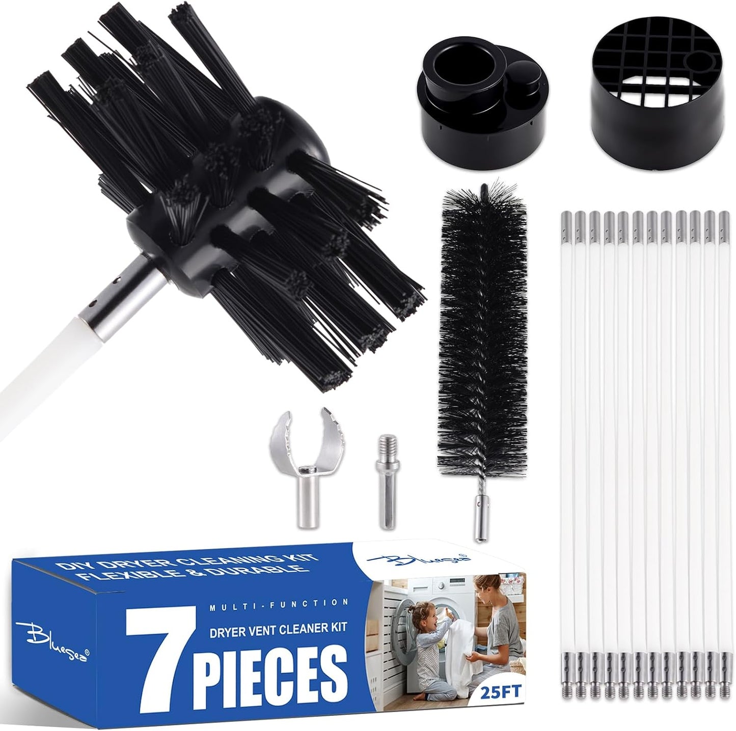Bluesea 7 Pieces 25 Feet Dryer Vent Cleaner Kit, Reinforced Nylon Dryer Vent Cleaning Kit, Durable Dryer Vent Brush Vacuum Attachment with Flexible Lint Trap Brush, Vacuum & Dryer Adapters