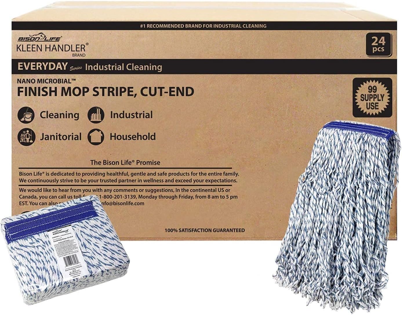 KLEEN HANDLER Cut End Finish Mop | 1.25" Universal Headband Maximum Absorption Finishing Mop, Case of 24