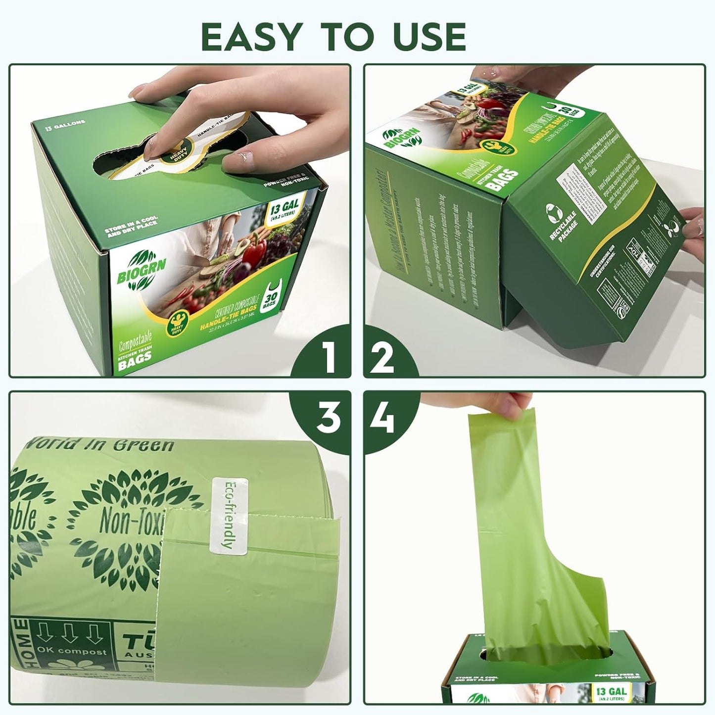 10-13 Gallon Compostable Trash Bags with Handles 30 Bags compost bags Food Scrap Green Waste Bags Thick 0.87 Mil 49.21 Liter ASTM D6400, US BPI and OK Compost Home Certified