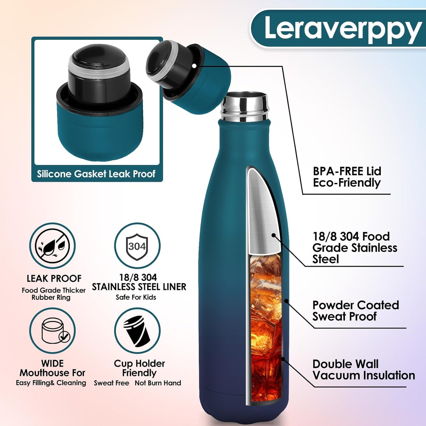 17oz Cola-Bottle Shaped Stainless Steel Leak-proof Water Bottle,Double Wall Vacuum Insulated Metal,Travel Mug For Sports Indoors & Outdoors,BPA-Free Kids Flasks,Dark Night(4Pack)