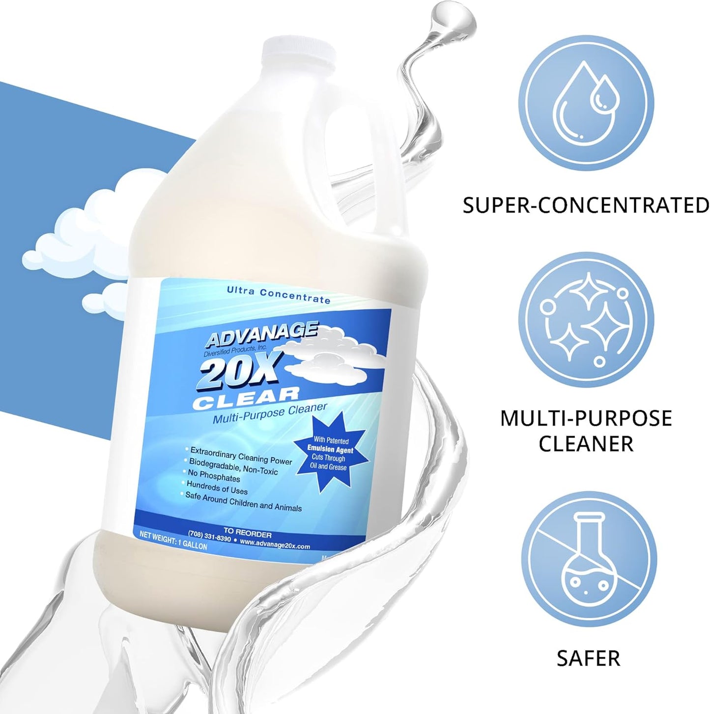 All Purpose Cleaner Concentrate - Advanage 20X The Wonder Cleaner Unscented for All Surfaces Around Bathroom, Kitchen, Oil and Grease | Multi Purpose Cleaner for Household Cleaning Solution, 128 Fl Oz