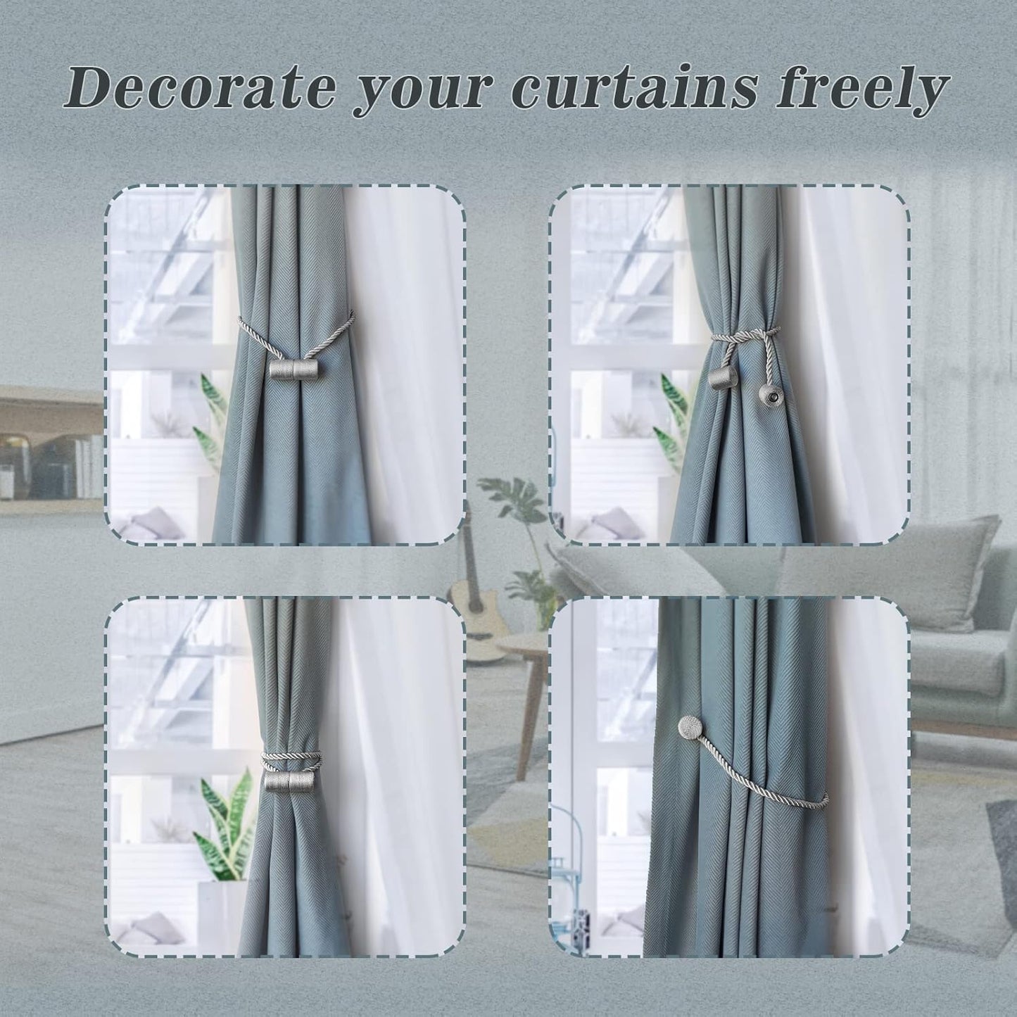 Hion Magnetic Curtain Tiebacks Gray Blue 6 Pack, Curtain Tiebacks Buckles Holdbacks Holders Hooks Clip for Home Bedroom Office Decorative Thick or Thin Curtain