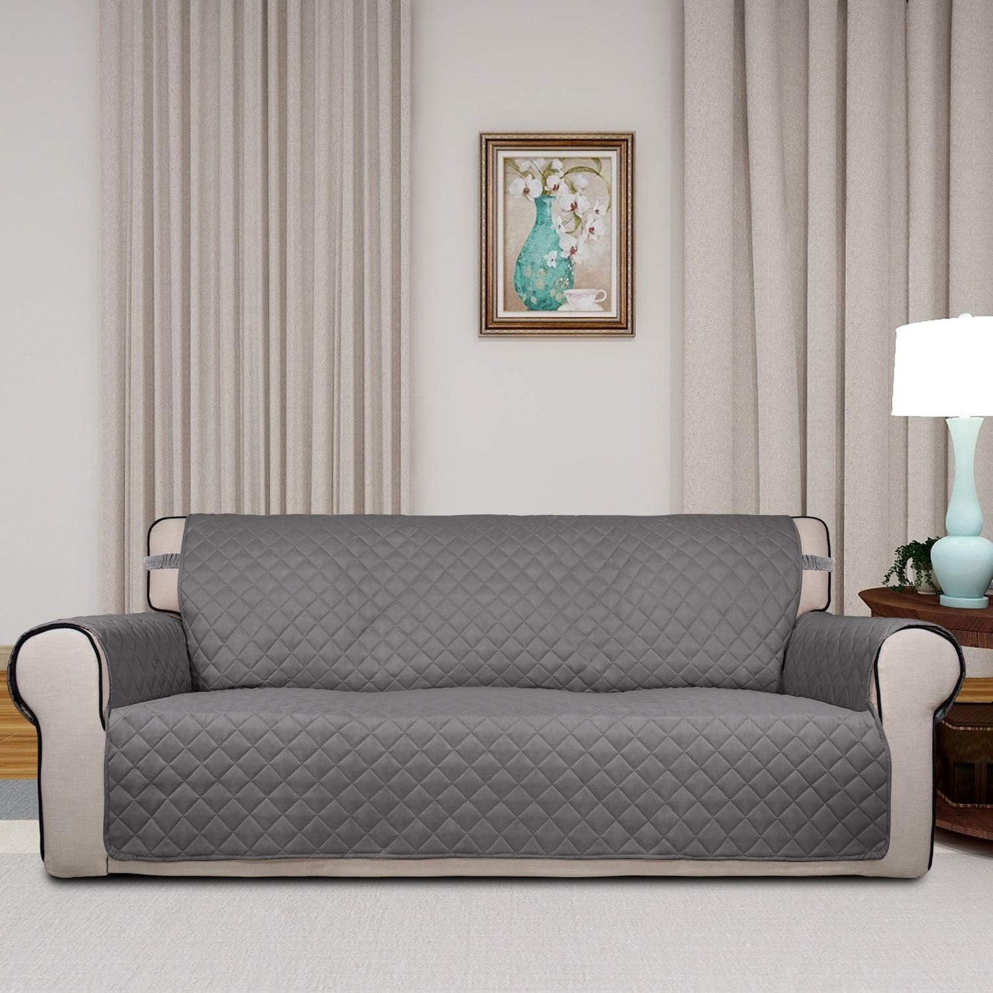 PureFit Reversible Quilted Sofa Cover, Water Resistant Slipcover Furniture Protector, Washable Couch Cover with Non Slip and Elastic Straps for Kids, Dogs, Pets (Oversized Sofa, Gray/Light Gray)
