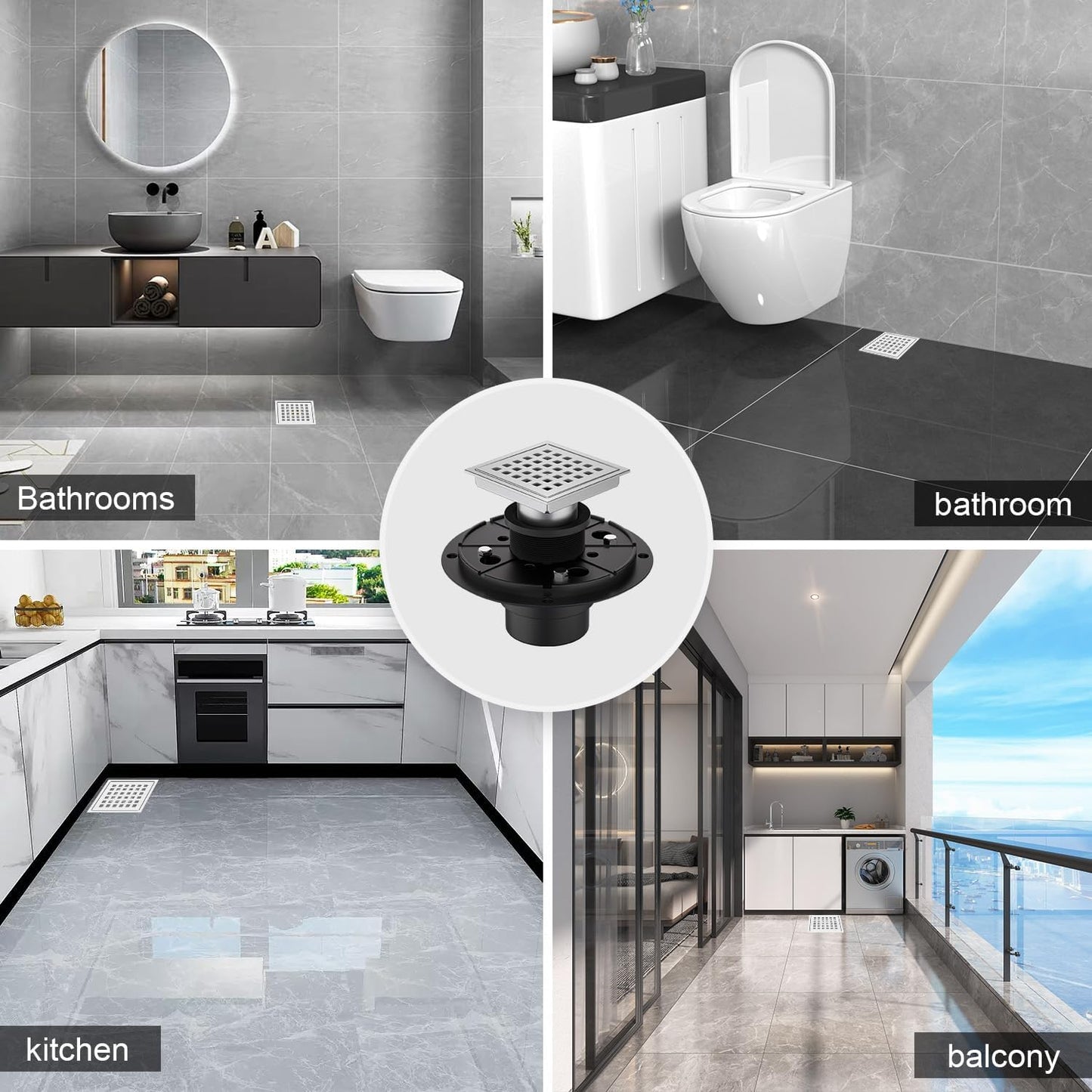 4-3/8 Inch Square Shower Floor Drain Brushed Stainless Steel Drain Kit with Flange, Removable Grid Cover, Hair Strainer