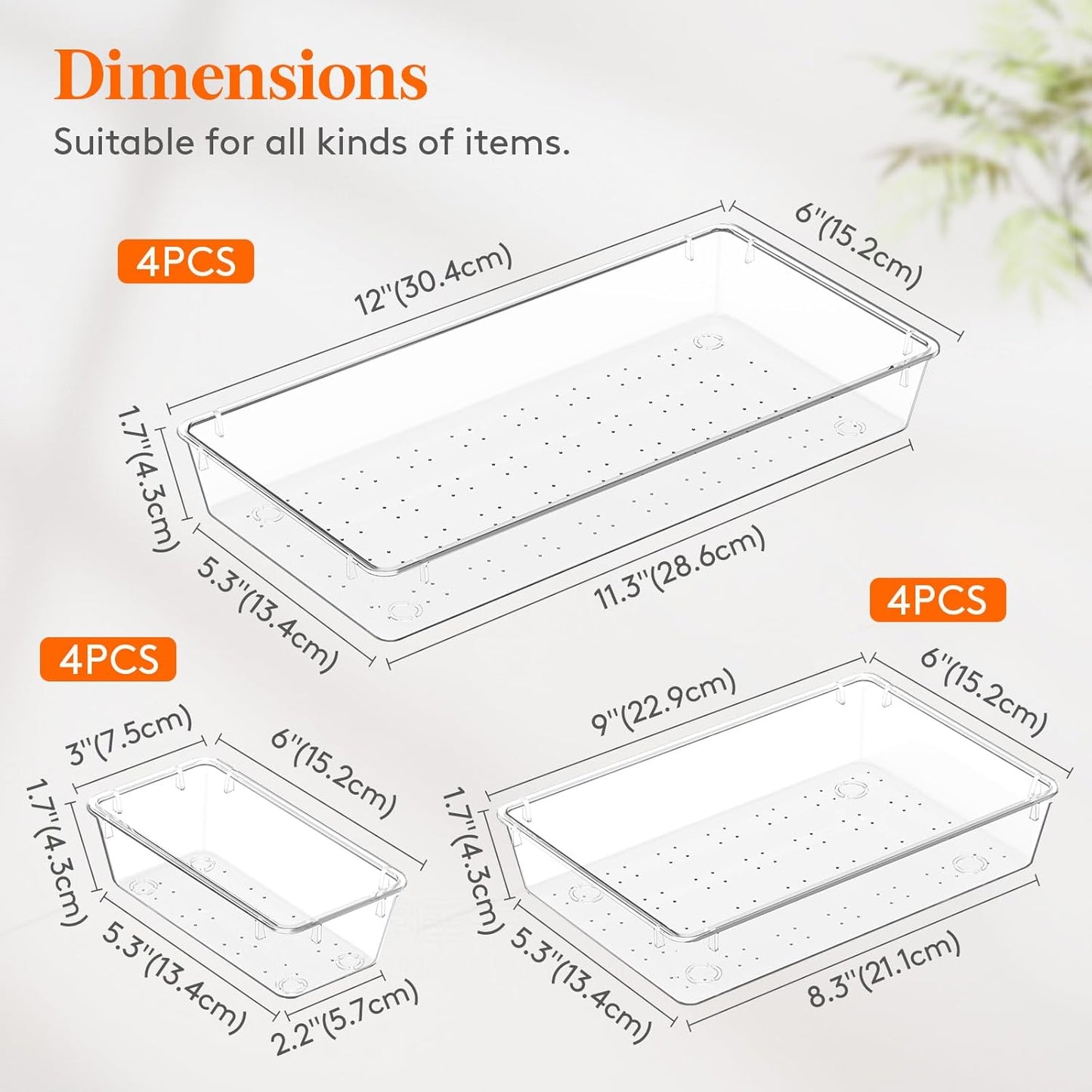Lifewit 12 Pcs Large Bathroom Drawer Organizers, 3 Sizes Clear Plastic Storage Organizer Trays for Make Up, Kitchen Utensils, Vanity Accessories in Bathroom/Office/Dresser Organization