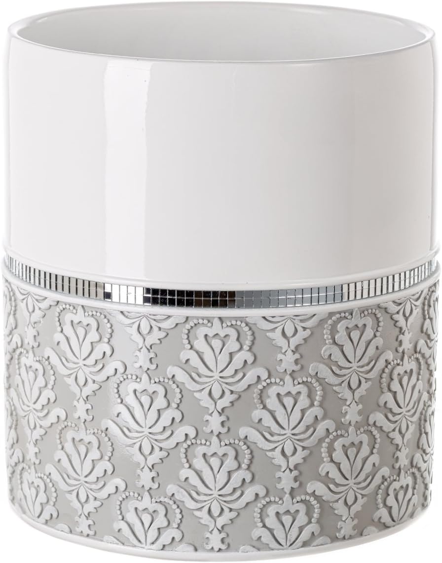 Creative Scents Mirror Damask White and Gray Bathroom Accessories Set - 6 Piece Bathroom Accessory Set Includes: Trash Can, Tissue Box Cover, Soap Dispenser, Soap Dish, Toothbrush Holder & Tumbler