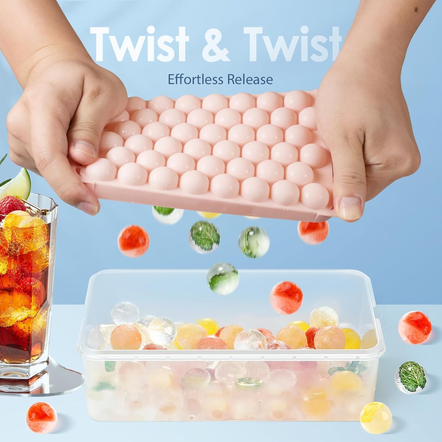 WIBIMEN Ice Cube Tray with Lid and Bin - Round Ice Trays for Freezer with Lid - Ice Cube Trays for Freezer with Ice Container (0.8"-2PACK Pink)