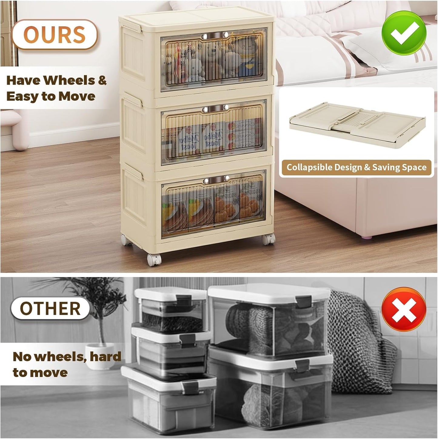 3 Tier - 48QT Storage Bins with Lids, Collapsible Storage Bins with Doors and Wheels, Plastic Storage Cabinet for Easy Storage and Organization for Living Room, Office