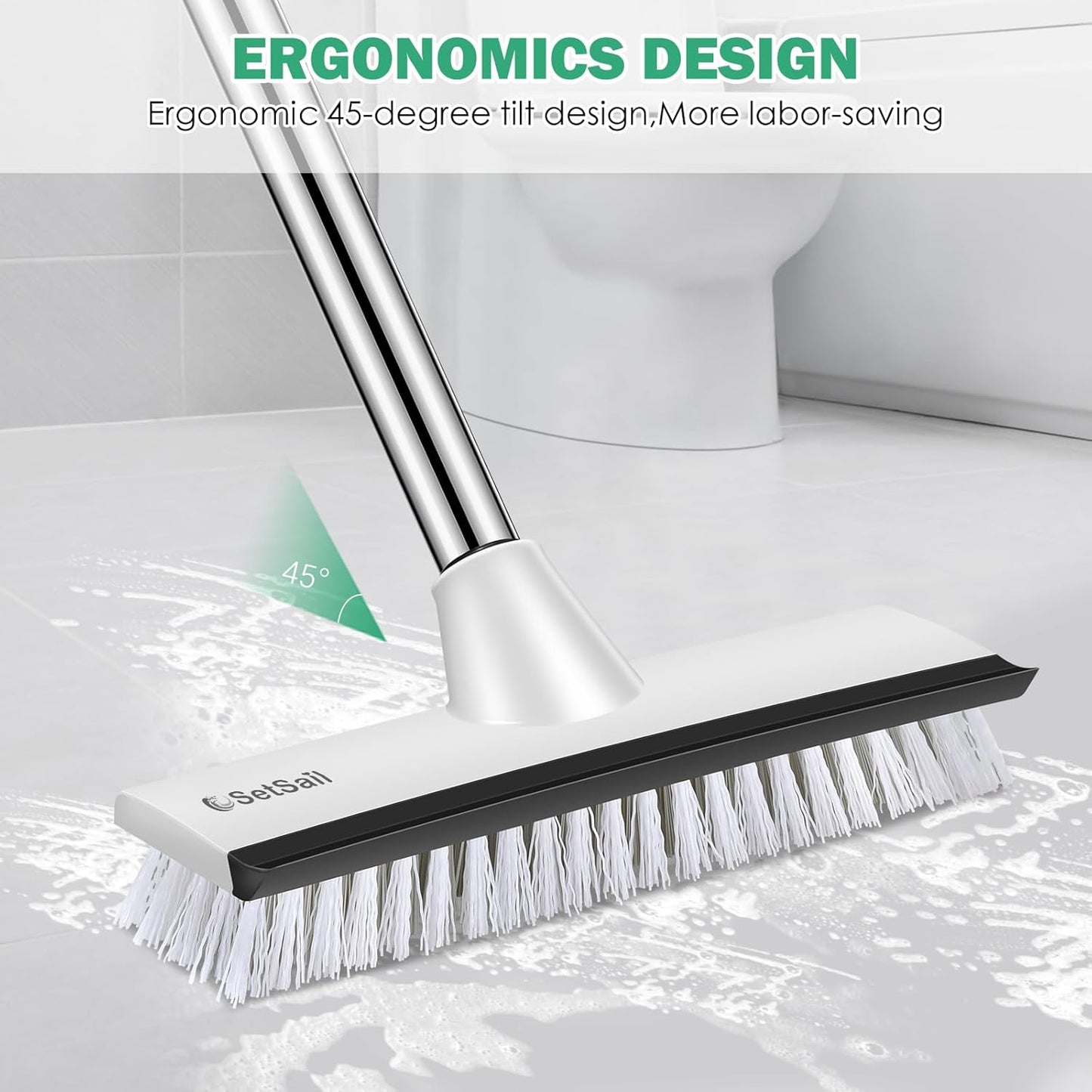 SetSail Floor Scrub Brush with 51-Inch Long Adjustable Handle 2 in 1 Scrape Brush Stiff Bristle Floor Scrubber for Cleaning Shower Bathroom Garage Kitchen Wall Deck Tub Tile, 2 Pack