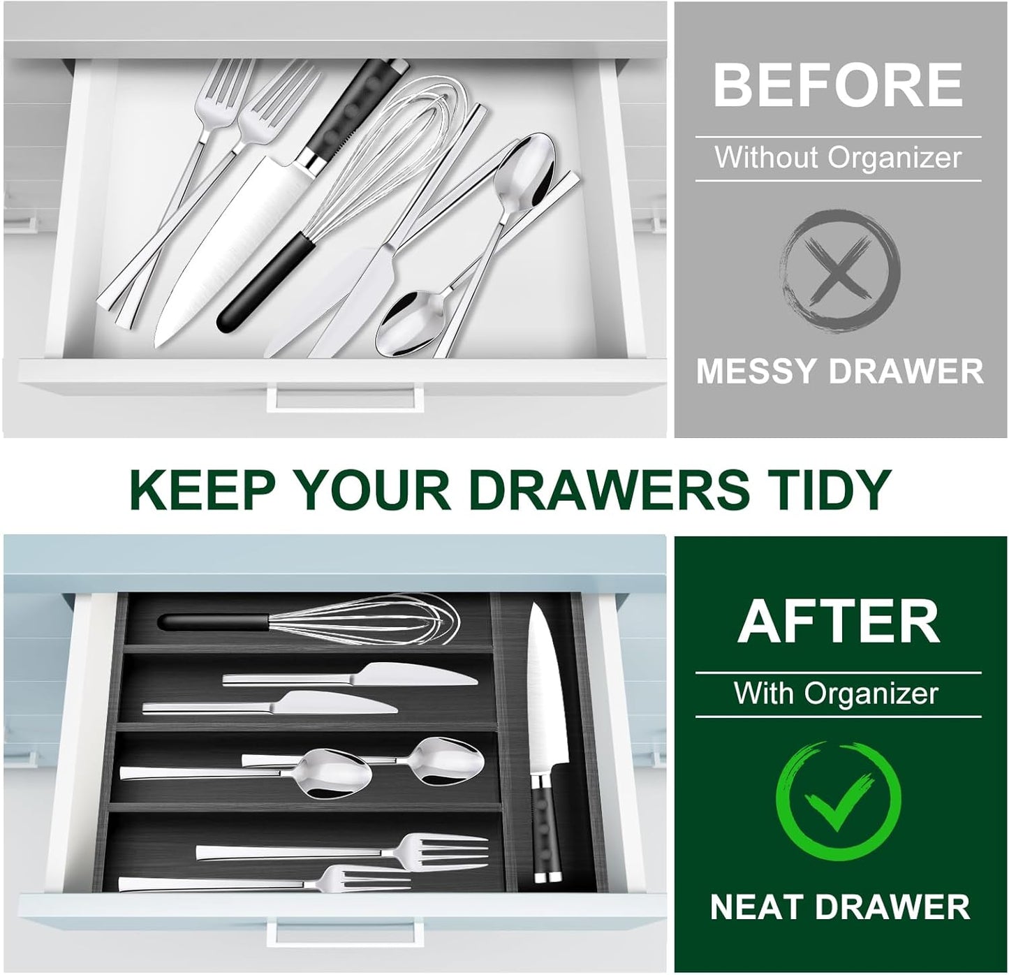 Ayiaren Small Kitchen Silverware Organizer Wooden Utensil Drawer Organizers Narrow Flatware Tray Wood Flatware Organizer for Drawer Spoon Organizer Black Utensil Holder Drawers Bamboo Silverware Tray