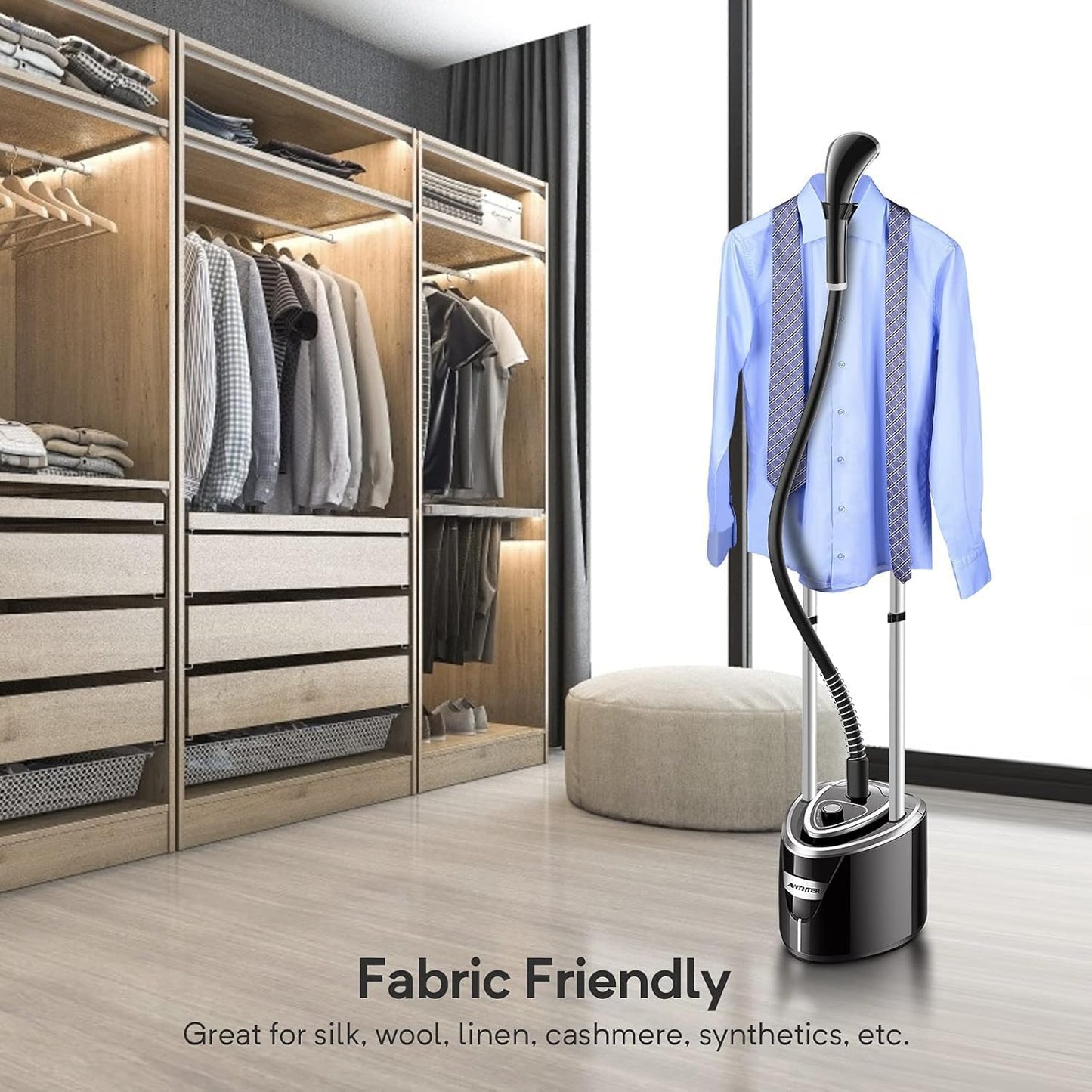 Steamer for Clothes, 1500W Standing Garment Steamer with 35s Fast Heating, 2.5L Water Tank for 1.5H Steaming, Adjustable Height Stand with Clothes Hanger, Professional Wrinkle Removal