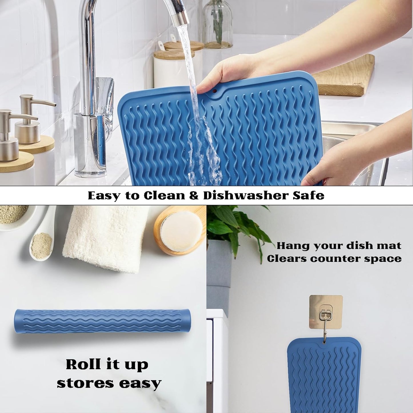 ZLR Silicone Dish Drying Mat for Kitchen Counter, Eco-Friendly Fast Dry Dish Mat, Easy Clean Multi Usage Drying Matt, Heat Resistant Trivet, 12" x 12" Middle, Lichen Blue