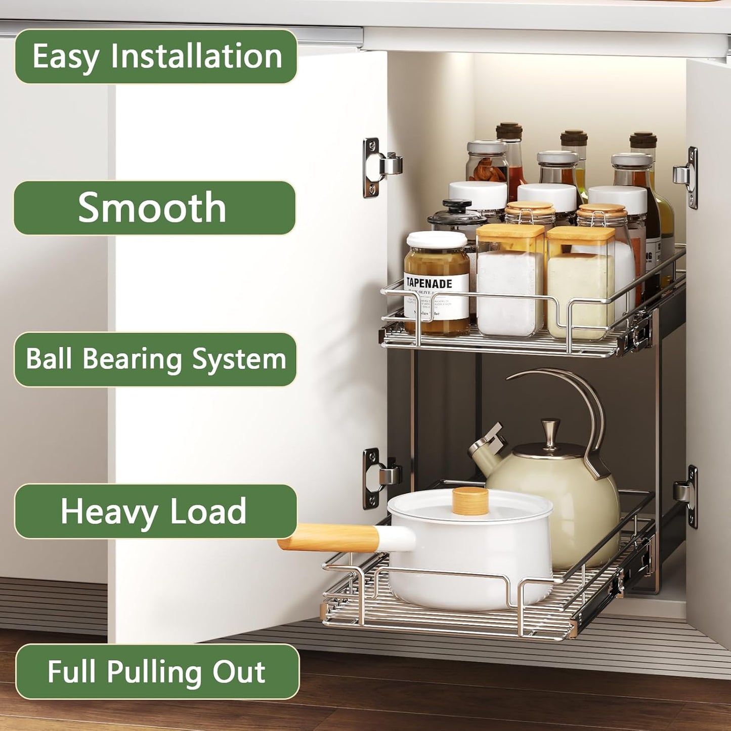 2 Tier Individual Pull Out Cabinet Organizer 10½" W x 21½" D, Heavy Duty Cabinet Pull Out Shelves, Slide Out Drawers Organization for Kitchen Cabinets Bathroom