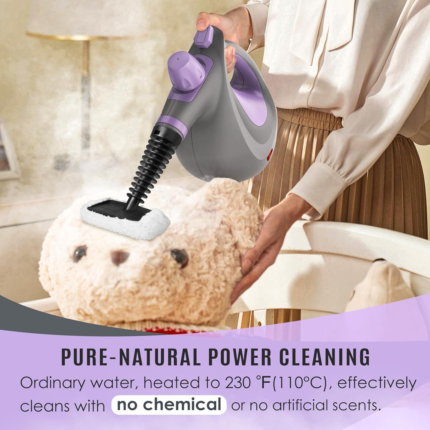 Pressurized Handheld Multi-Surface Natural Steam Cleaner with 12 pcs Accessories, Multi-Purpose Steamer for Home Use, Steamer for Cleaning Floor, Upholstery, Grout and Car (Purple)