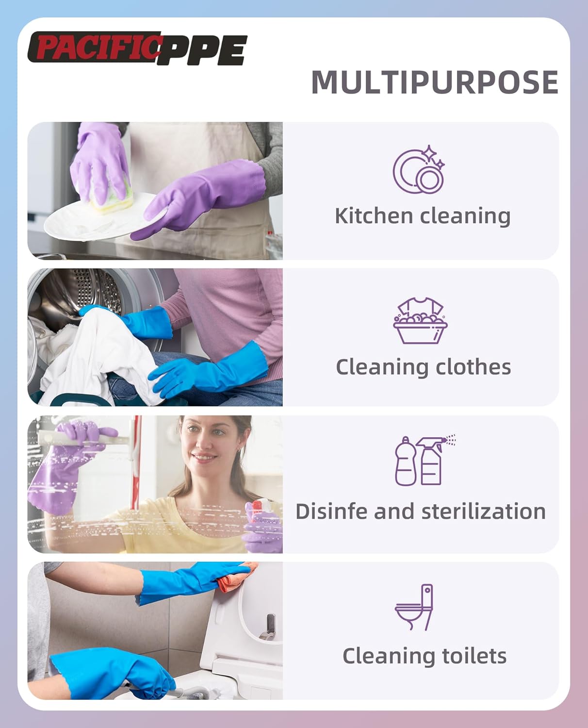 PACIFIC PPE 2 Pairs Dishwashing Cleaning Gloves with Latex free, Cotton lining, Kitchen Gloves (Purple+Blue, Medium)
