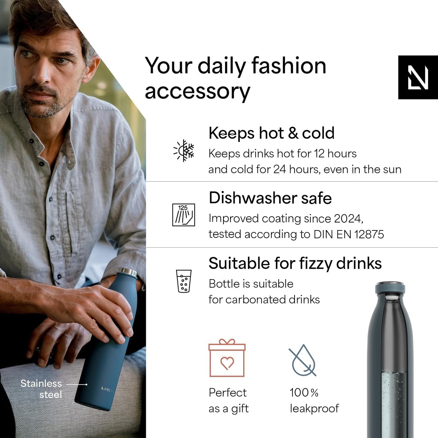 LARS NYSØM Stainless Steel Insulated Water Bottle 12oz 17oz 25oz 34oz 51oz | Insulated Thermo Flask for Hot and Cold Beverages | Leakproof Drinking Bottle (Stone Blue, 25.4oz)