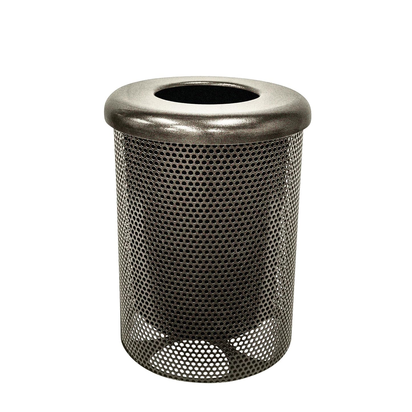 COATEDOUTDOORFURNITURE 32-Gallon Heavy-Duty Punched Steel Round Trash Receptacle, Commercial Outdoor Waste Bin with Liner & Black Flat Top Lid – Made in America (Textured Gold Vein)