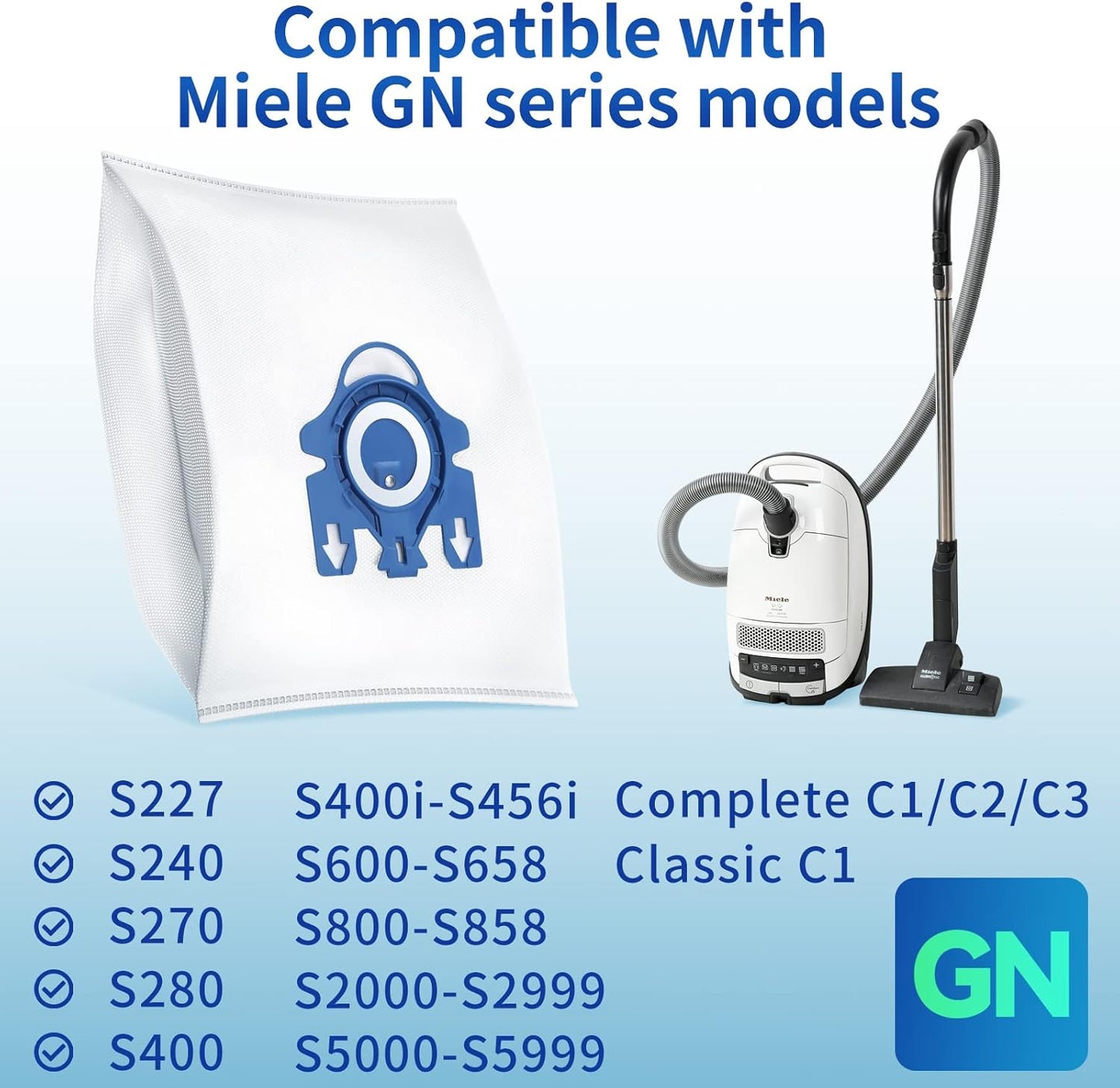 20 Pack 3D Dust Bags, Compatible with Miele GN Vacuum Bags, Replacement for Miele Classic C1 Complete C1, C2, C3, S400i S600 S2 S5 S8 Series, with 4 MP Filters, 4 AC Filters