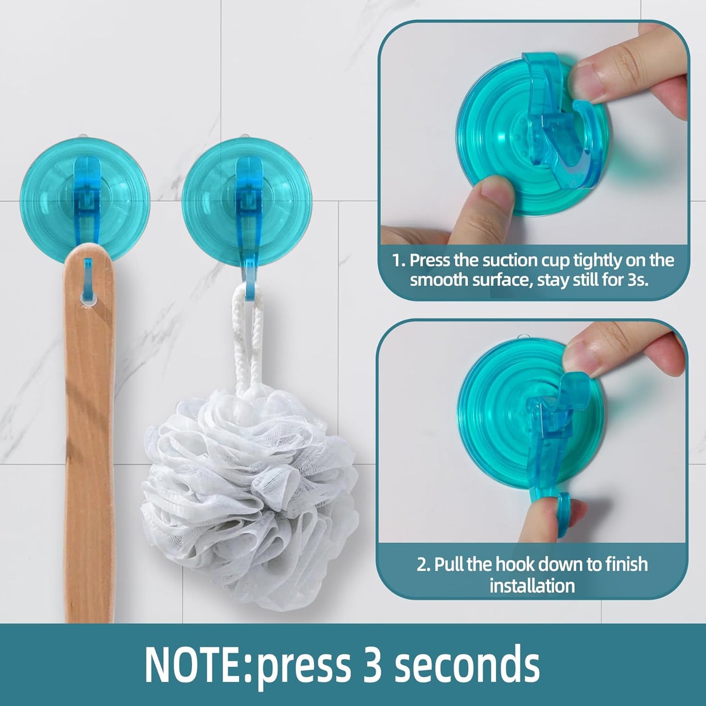 Antimbee 3 Pack Suction Cup Hooks, Clear Shower Suction Hanger, Removable Reusable Bathroom Suction Hooks for Window, Tile Wall, Glass Door-Up to 11 lbs on Smooth Surface (Transparent Cyan)